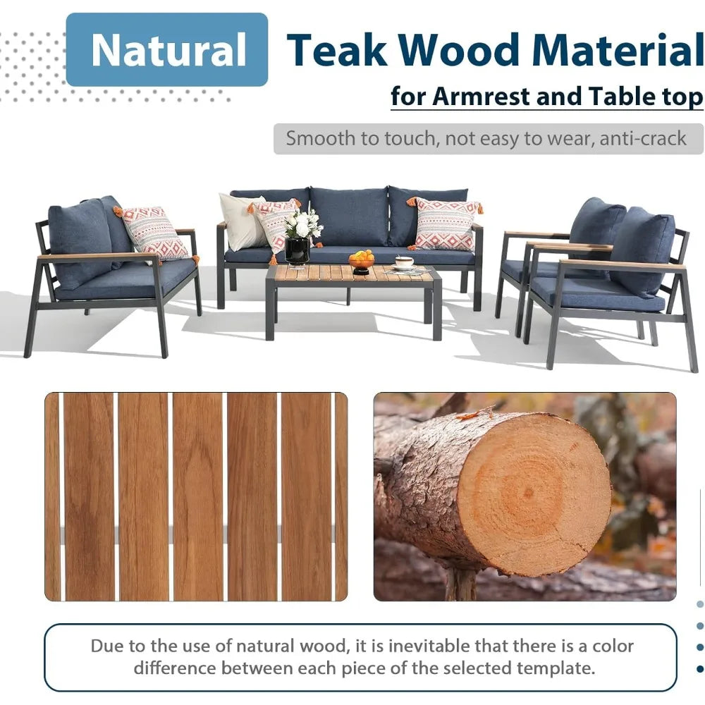 Aluminum Outdoor Furniture Set, 5 Pieces Patio Furniture Conversation Set with Teak Top Coffee Table, 7 Seats Patio Sectio