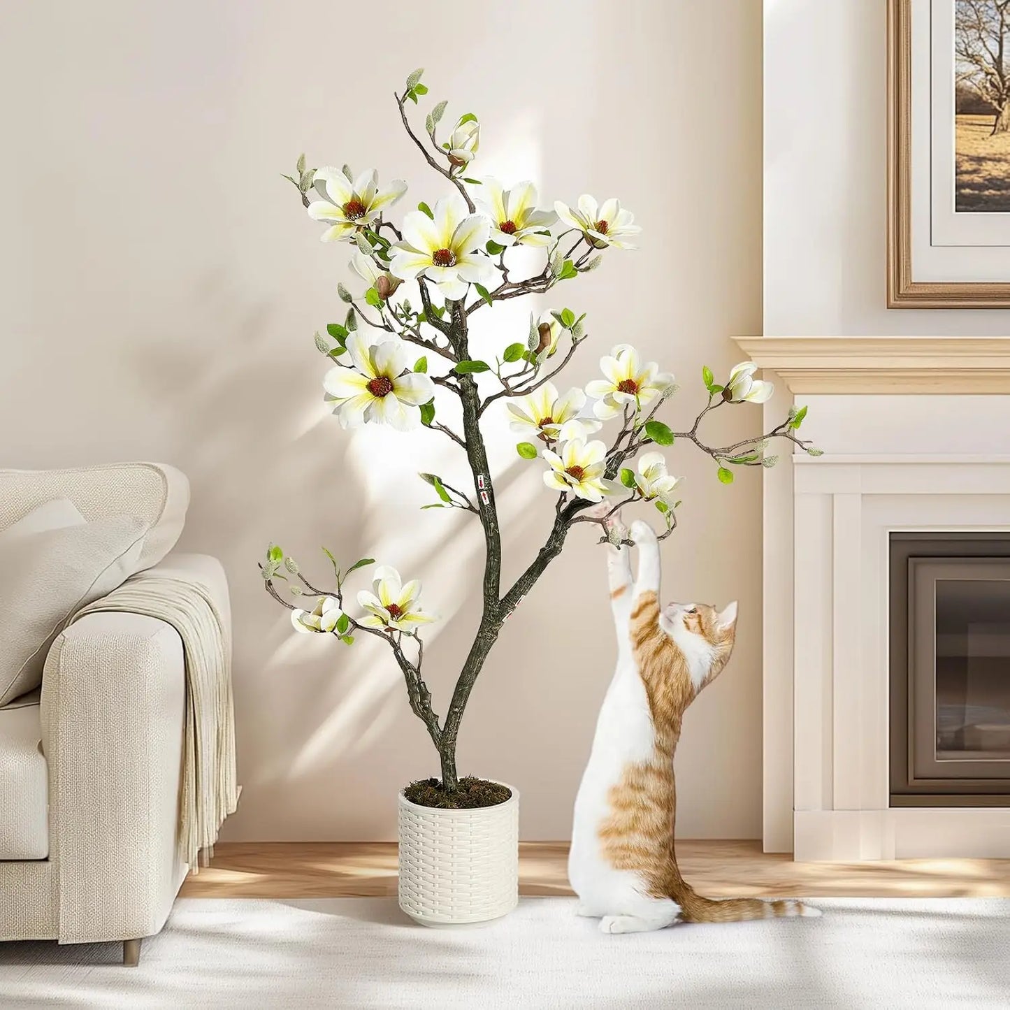 Artificial Magnolia Tree, Lifelike Flowers & Vibrant Leaves in White Pot - Perfect for Home, Office, Patio or Yard Decor