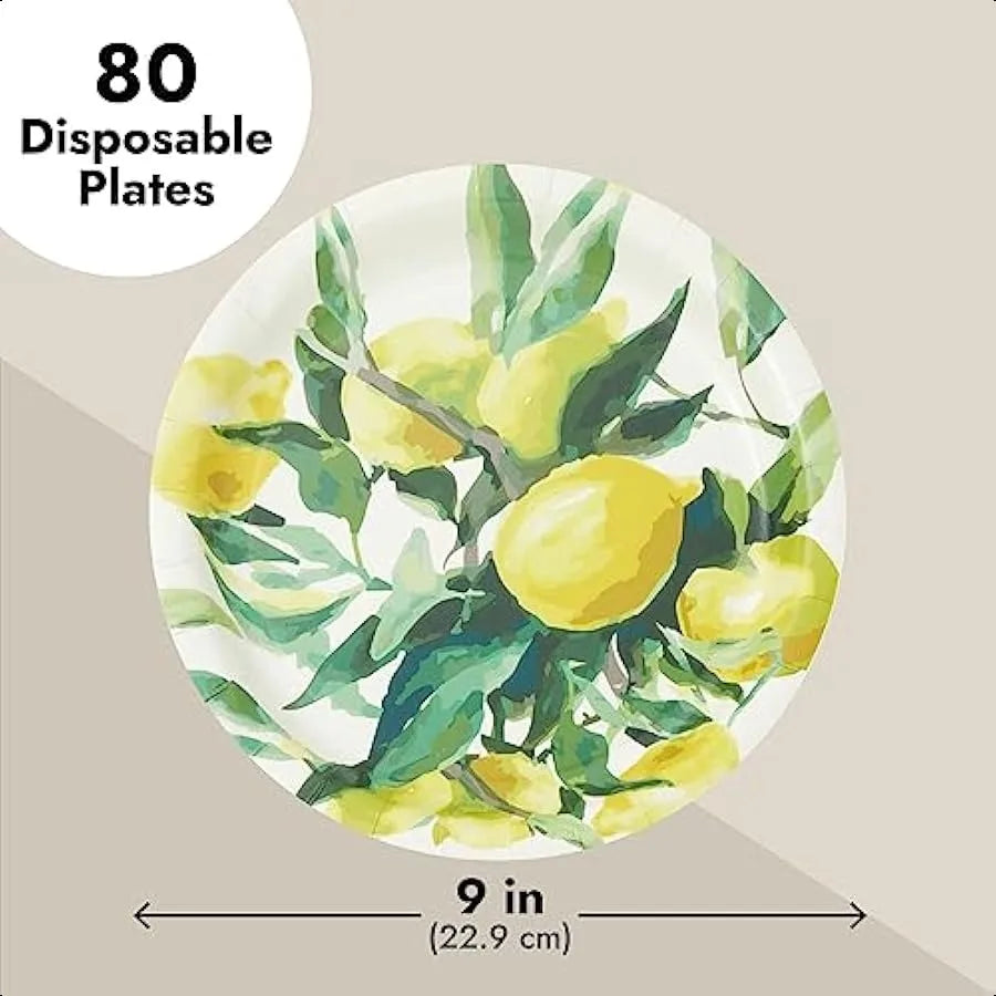 80Pack Disposable Lemon Paper Plates for Birthday Party Decorations Bridal and Baby Showers 9 in