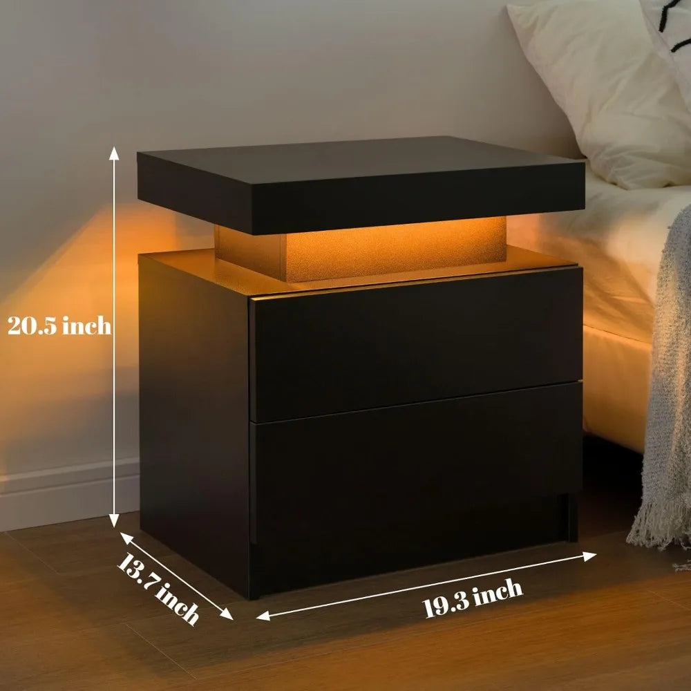 Modern Black LED Nightstand Set of Two for Bedroom