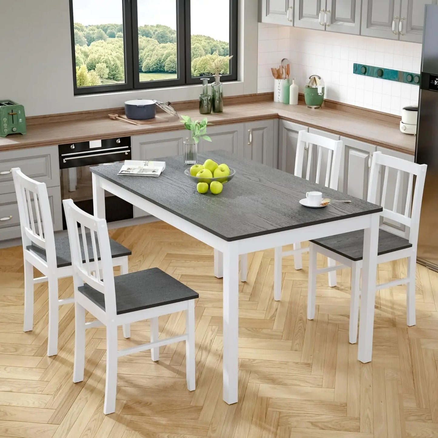 5-Piece Farmhouse Dining Table Set for 4 - Space-Saving Kitchen Dinette Set with 4 Chairs & Rubber Wood Legs
