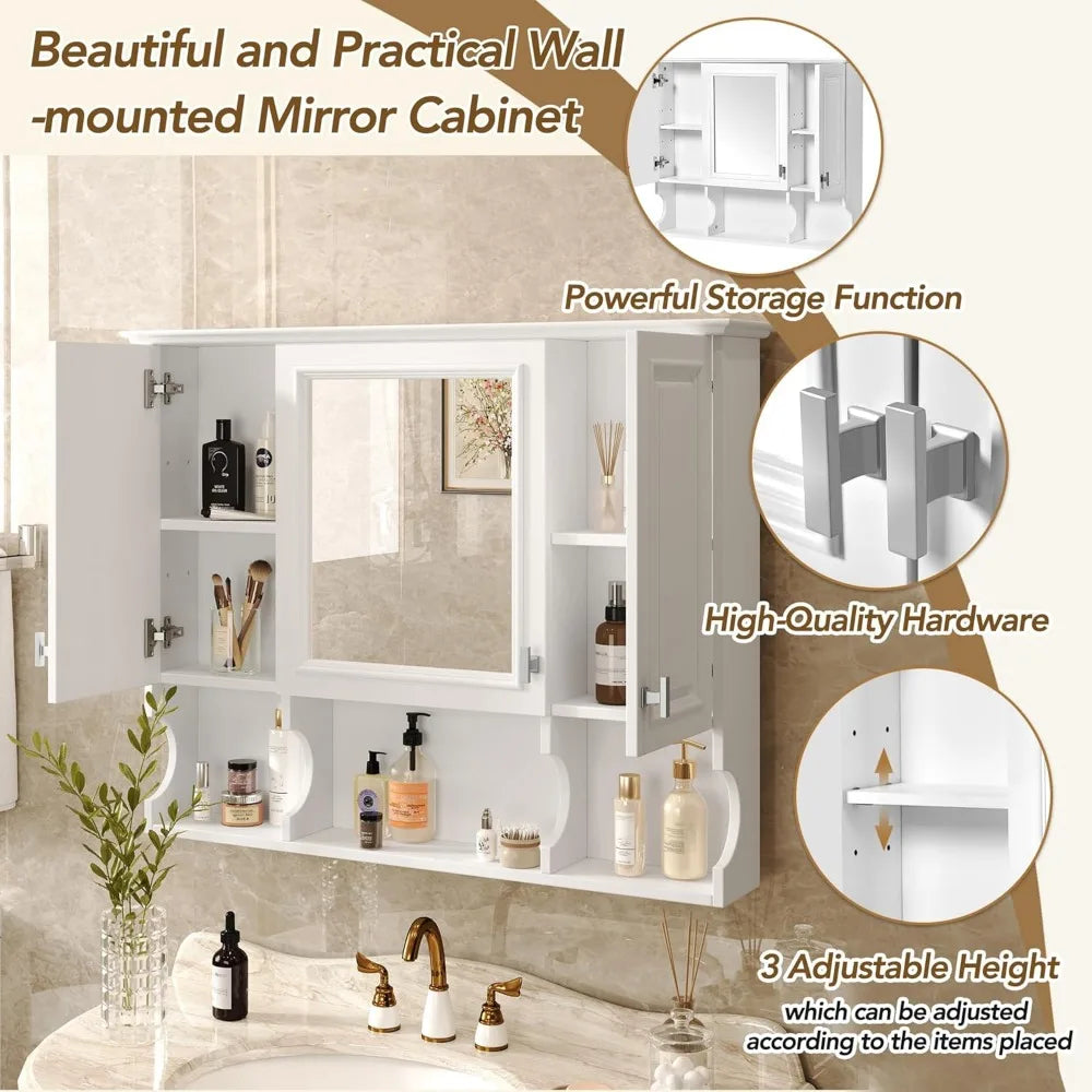 Bathroom Wall Cabinet with Mirror, Medicine Cabinet with 3 Doors and Adjustable Shelf, Space Saver Storage Cabinets Over The Toi