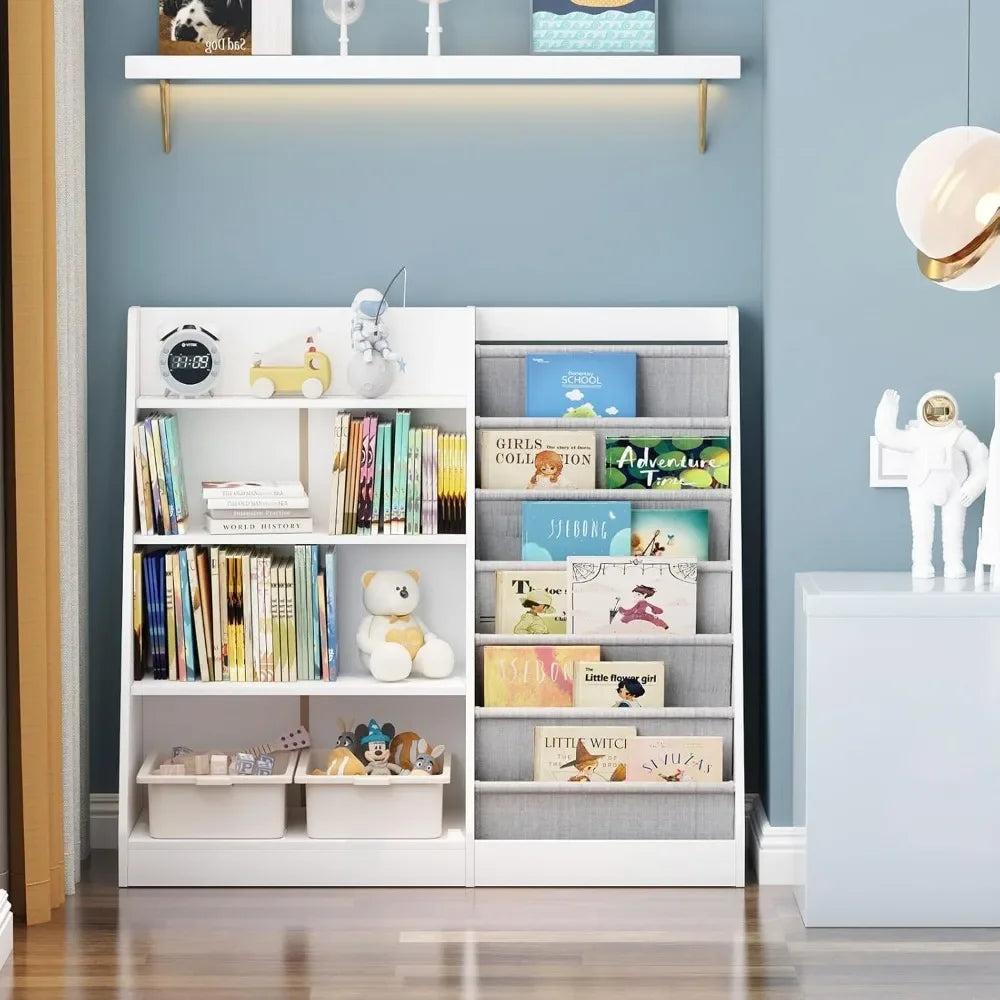 White Kids Bookshelf Wood Toy Storage Organizer Cabinet Children Bookcase Toddler Baby Sling Book Rack Adjustable Shelf
