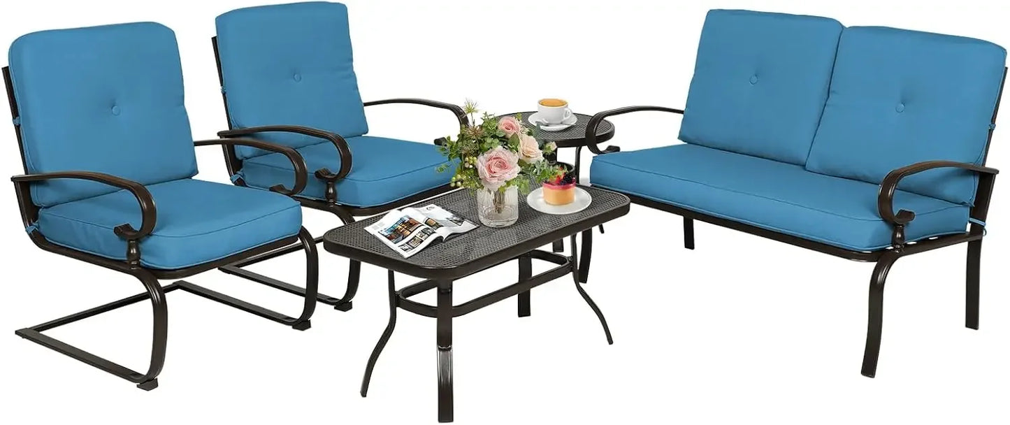 5 Piece Metal Outdoor Furniture Patio Chair Set, Wrought Iron Patio Chair Set with Cushions