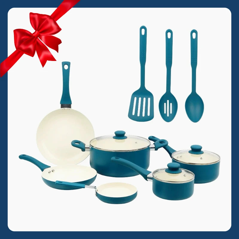 Ceramic aluminum 12-piece non-stick cookware set, meets a variety of cooking needs, suitable for a warm kitchen gift