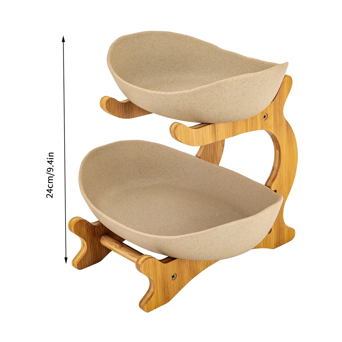2-Tier Ceramic Fruit Bowl Set Fruit Basket Bamboo Frame & Lead-Free Glaze Fruit Display Bowl for Kitchen/Dining Table Decor