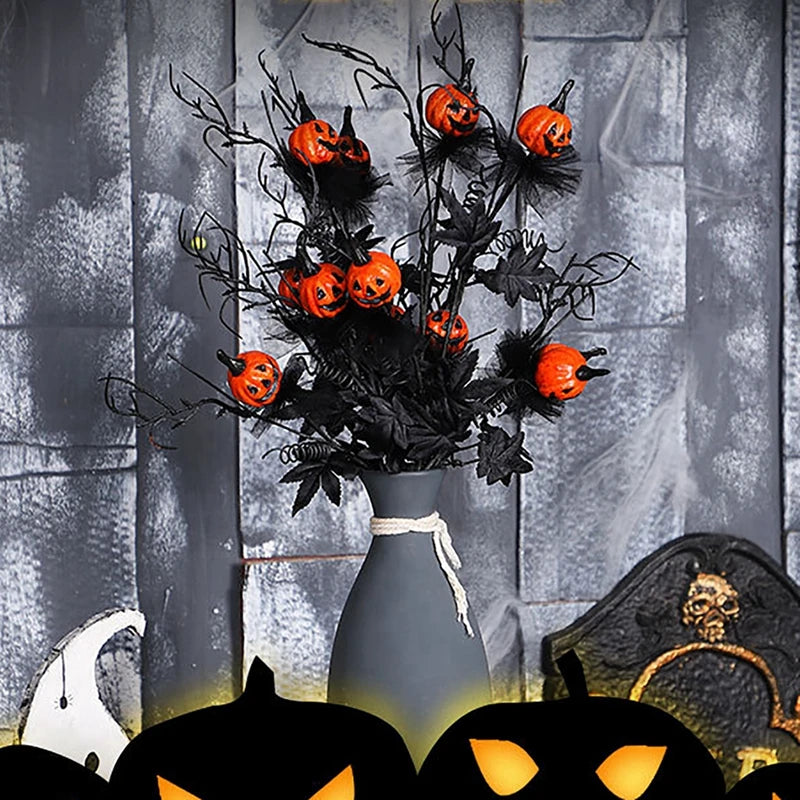 1/3/5pcs Halloween Decorations, 18.5Inch Artificial Pumpkin Maple Leaf Floral Stems Decoration black scary pumpkin bouquet