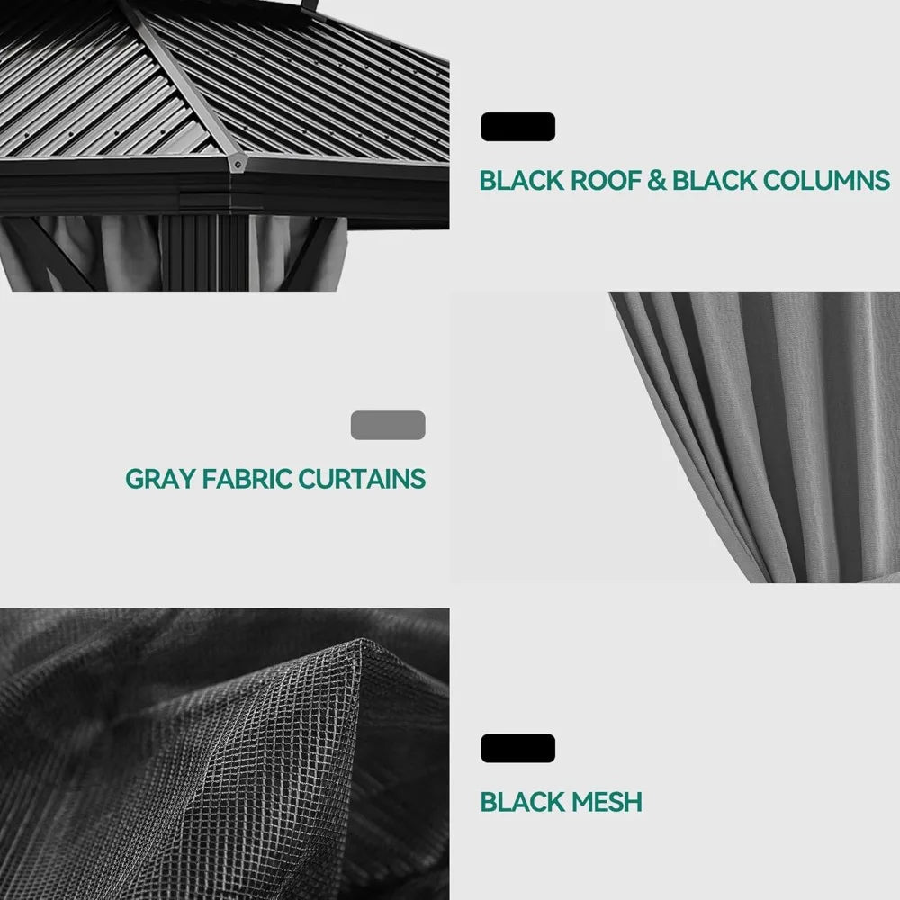 10x10ft Hardtop Gazebo with Nettings and Curtains, Heavy Duty Double Roof Galvanized Steel Outdoor Combined of Vertical Stripes