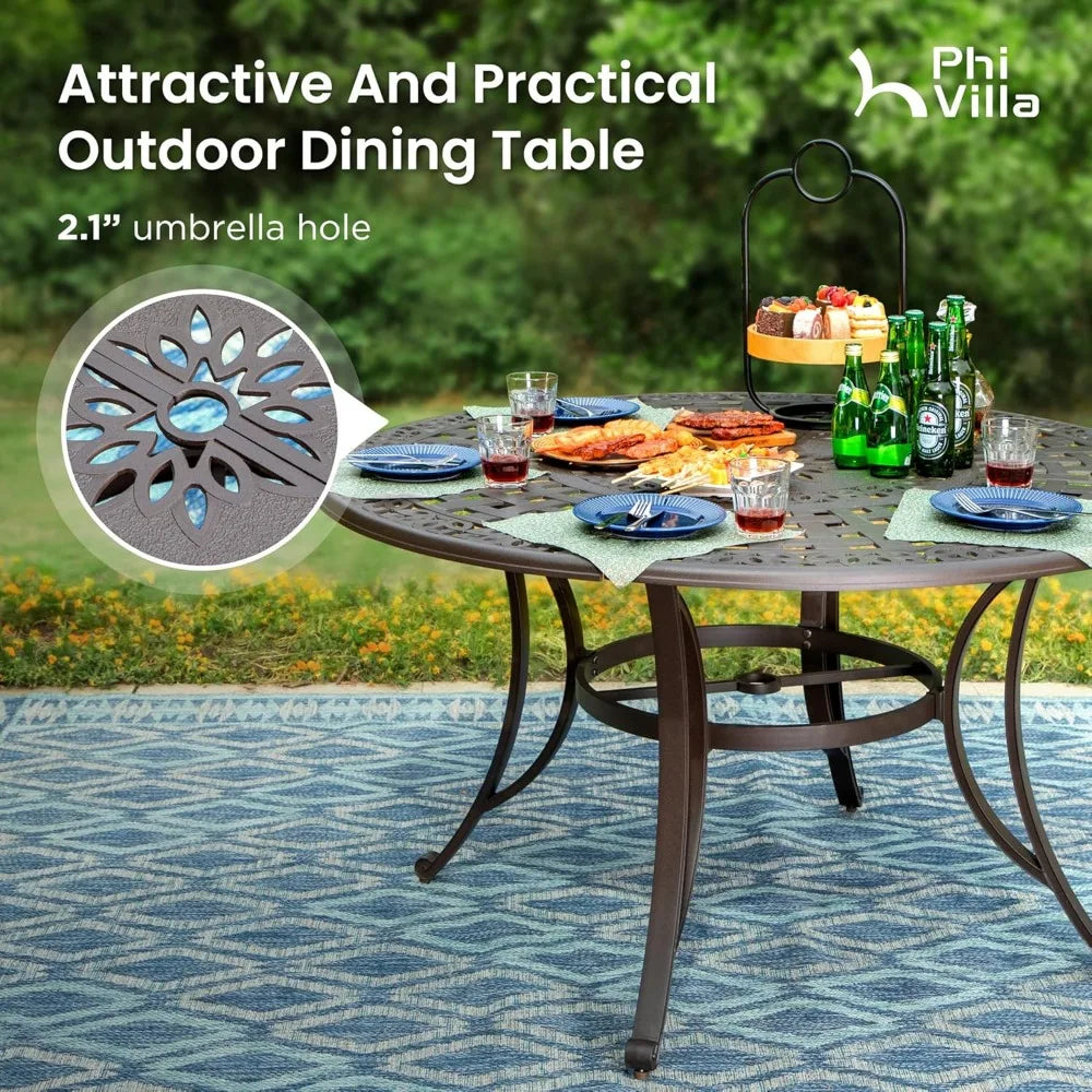Cast Aluminum Patio Dining Set for 6 Person, 7 Piece Outdoor Patio Set with 54" Dia Cast-Top Aluminum Table(2.1" Umbrella Hole)