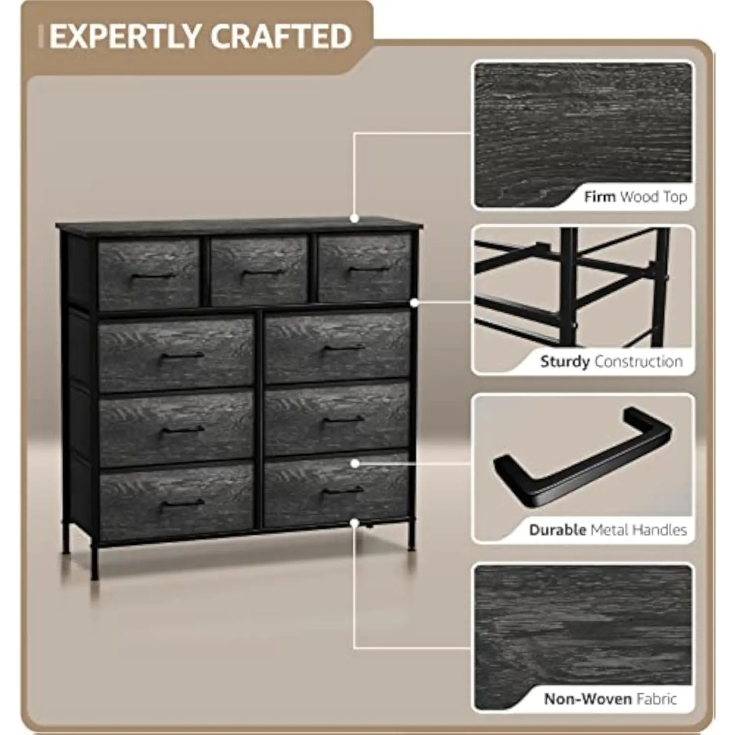 Dresser with 9 Faux Wood Drawers Storage Unit Organizer Chest for Clothes Bedroom Hallway Living Room Closet