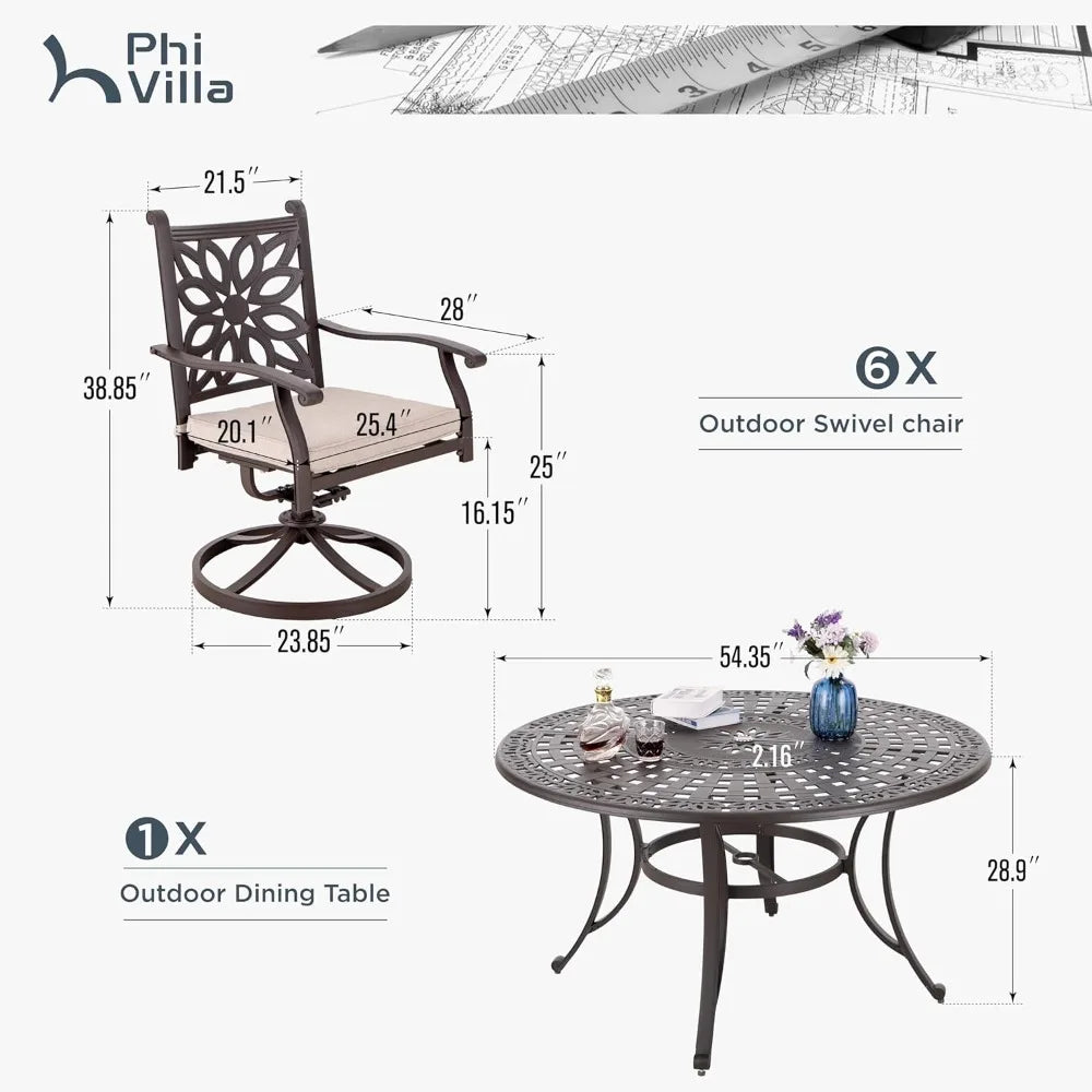 Cast Aluminum Patio Dining Set for 6 Person, 7 Piece Outdoor Patio Set with 54" Dia Cast-Top Aluminum Table(2.1" Umbrella Hole)