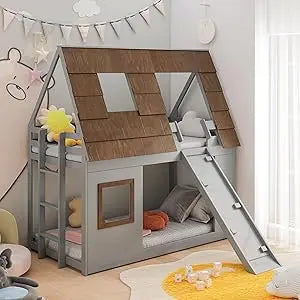 Twin Over Twin House Bunk Bed for Kids, Wood Bunk Bed Frame with Window Roof Design and Guardrail, Montessori Floor Bunk Bed Fra