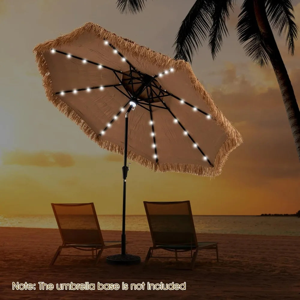 10 ft Thatched Patio Umbrella, 2 Tier Hawaiian Style Grass Beach Umbrella with 32 Led Lights, Center Light, Solar Tiki Umbrella