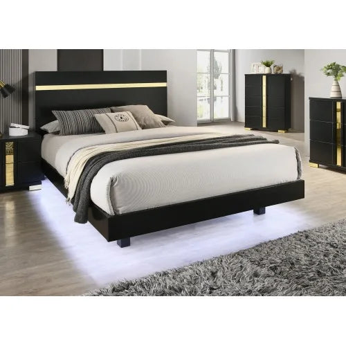 Modern Black Bedroom Set Queen Bed With LED Nightstands