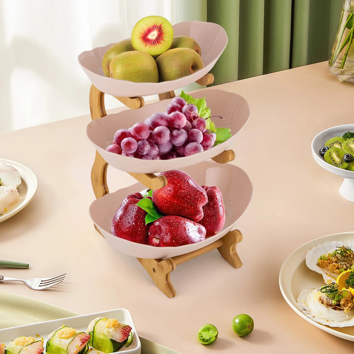 3 Layer Fruit Bowl Food Grade Materials Eco-friendly Bamboo Wood Fruit Holder Bathroom Cosmetics Storage Snacks Basket Shelf