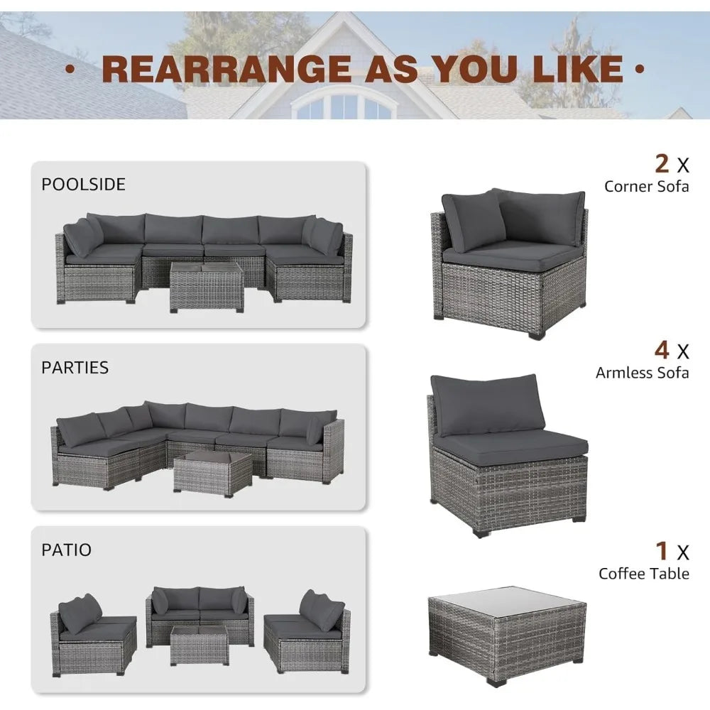 Patio Furniture Set, Modular Patio Set Wicker Outdoor Sectional Sofa Set PE Rattan Wicker Patio Conversation Set with T