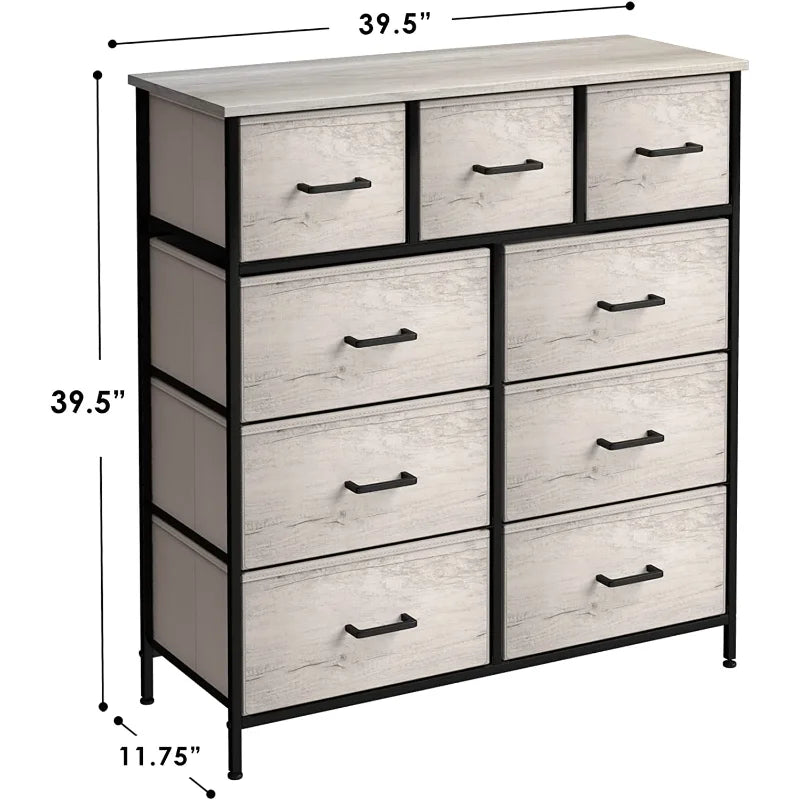 9 Drawer Fabric Dresser for Bedroom - Tall Storage Chest of Drawers for Clothes, Portable Stand up Wardrobe with Faux Woo
