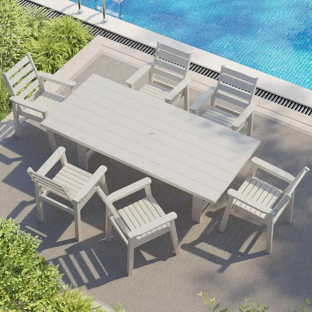 7-Piece HDPE Outdoor Dining Table Set with 6 Chairs,71" L Patio Dining Furniture Set with Umbrella Hole