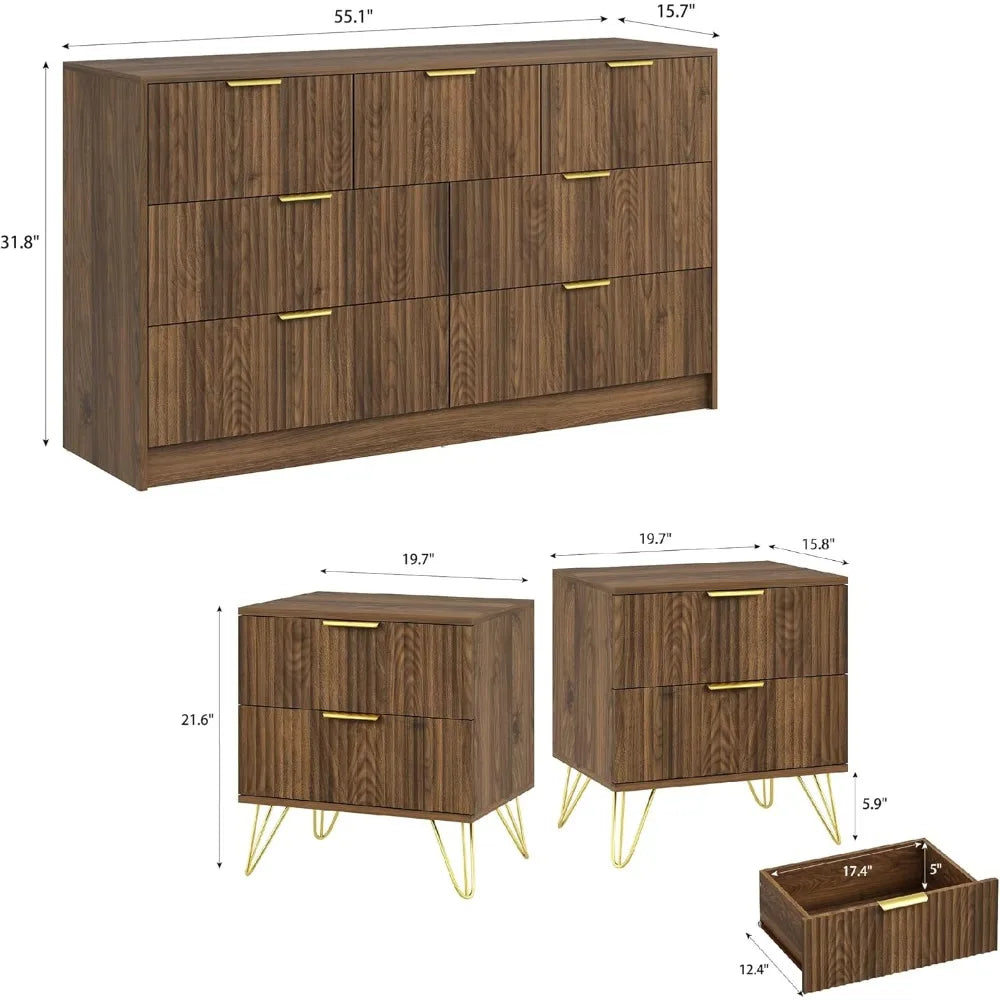 7 Drawer Dresser and Nightstand Sets for Bedroom, 3 Pcs Bedroom Set,Night Stand Set of 2 & 7 Drawer Dresser with Gold Handles, W