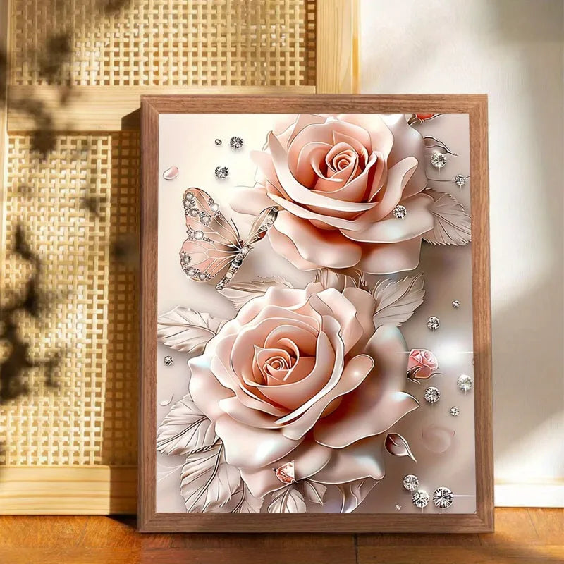 Dream Pink Rose Butterfly Diamond Canvas Wall Art Framed