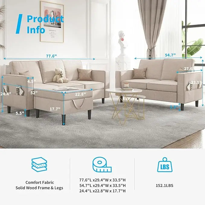 3 Pieces Sectional L Shaped Living Room Sofa Couches Set – 3-Seater 78" Width Small Couch Sofas, Living Room Furniture Sets