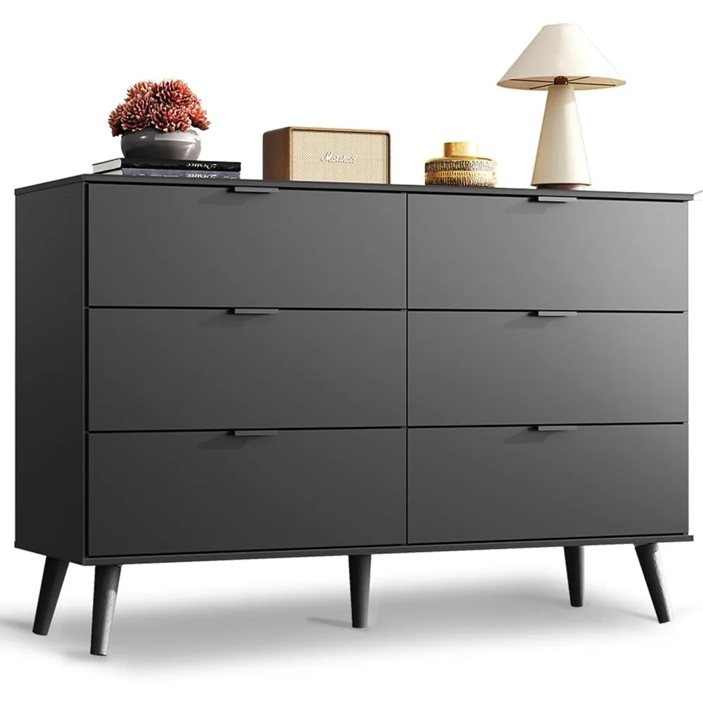 Black Dresser for Bedroom, 47.24'' Wide 6 Drawer Wood Dresser Storage Organizer with Sturdy Metal Handle, TV Stand for 55 inch