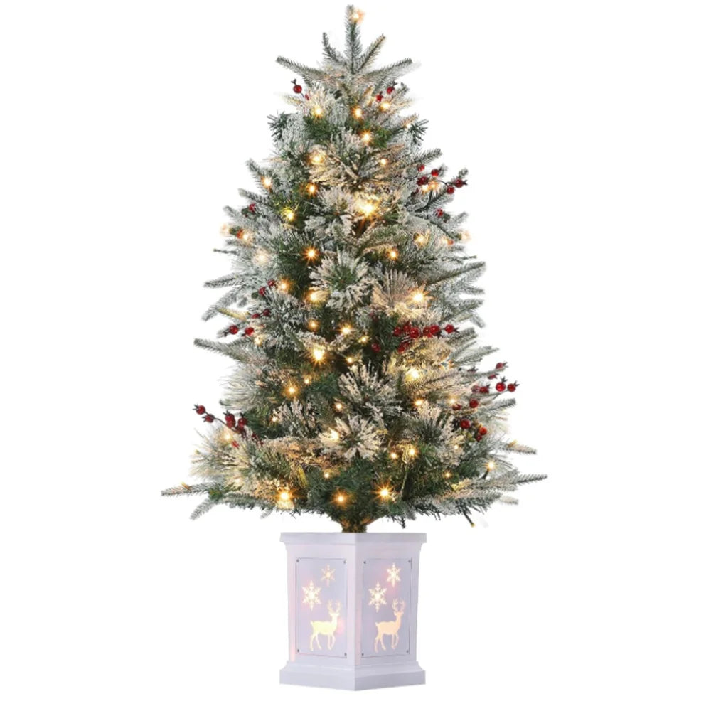 3FT Prelit Artificial Christmas Tress with 78 Lights, Elk Deer Base, Snow Flocked Xmas Tree for Christmas, Bedroom, Window Decor