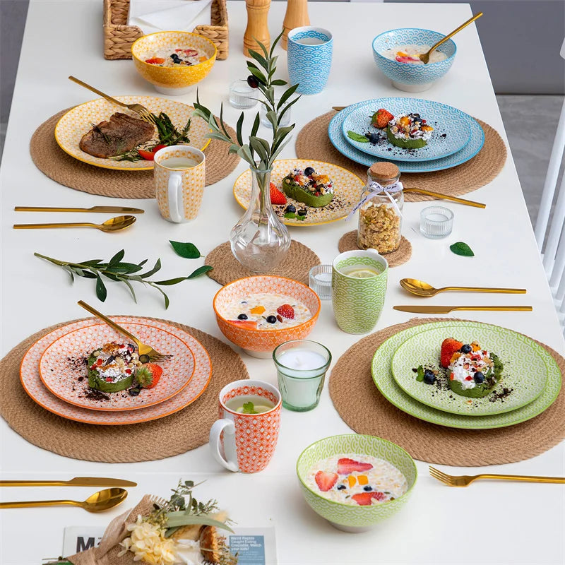 16Pieces Porcelain Multi-Colour Japanese-style Dinnerware Set with 4*Dinner Plate,Dessert Plate,Bowl,Mug Ceramic Tableware Set