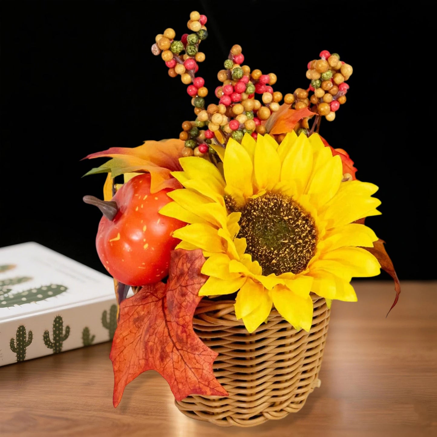 Fall Harvest Centerpiece Decorative Pumpkin and Sunflower Arrangement for Thanksgiving Dinner Table Display