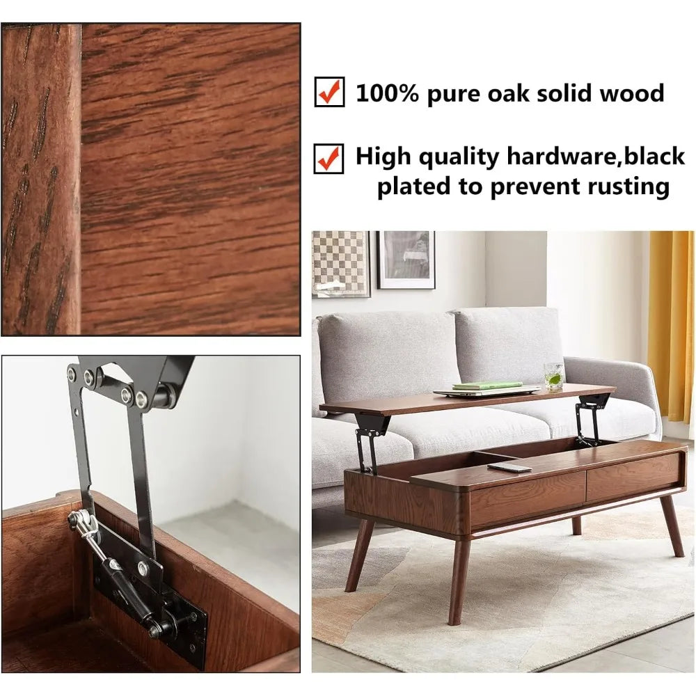 100% Solid Oak Wood Coffee Table, Lift Top Walnut Coffee Table with Drawers and Hidden Compartments, Rectangular Coffee Tables w