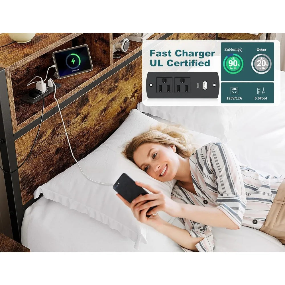 EnHomee King Size Bed Frame with 6 Storage Drawers King Bed Frame and Headboard, Storage Bed with Charging Station, No Noise,No