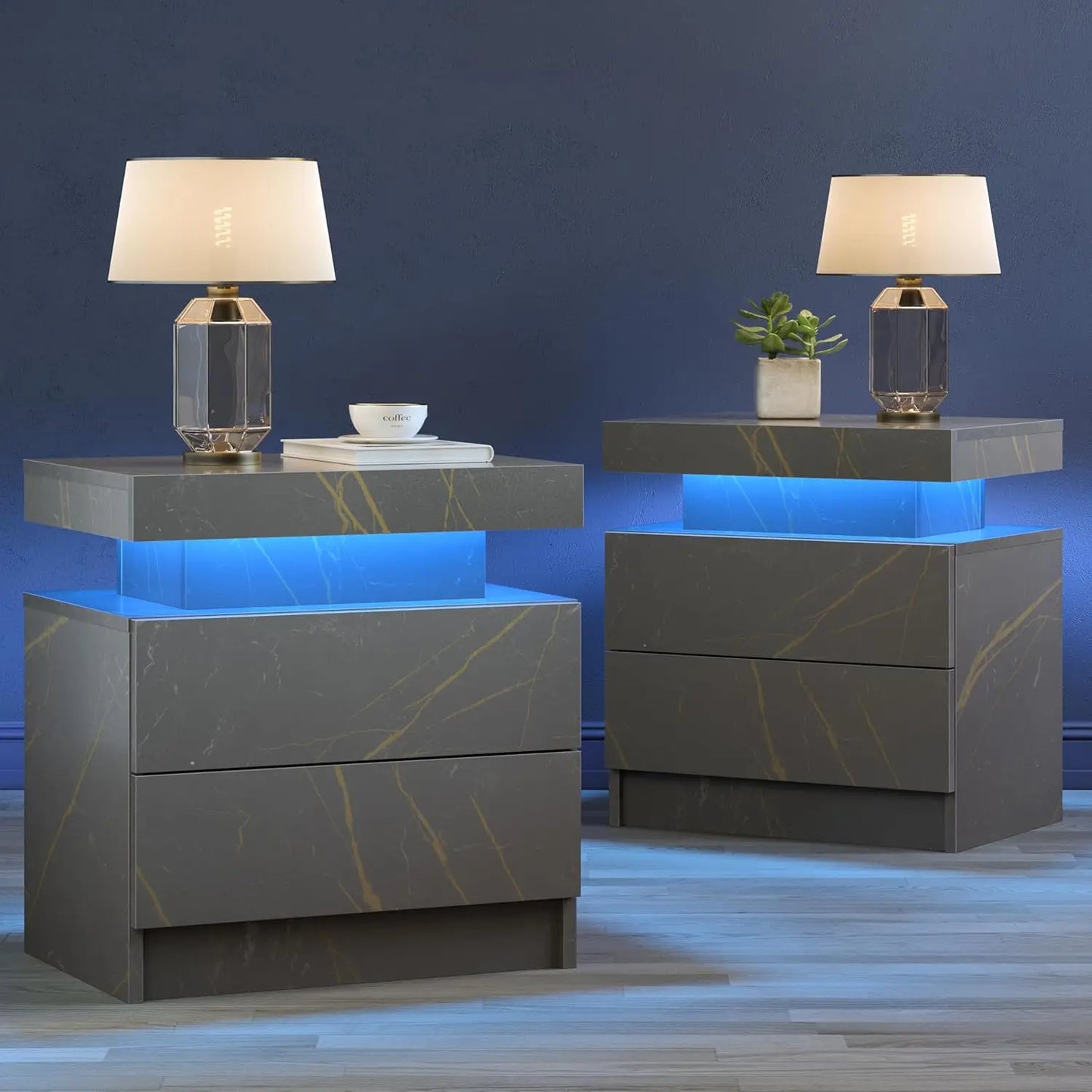 Modern Black LED Nightstand Set of Two for Bedroom