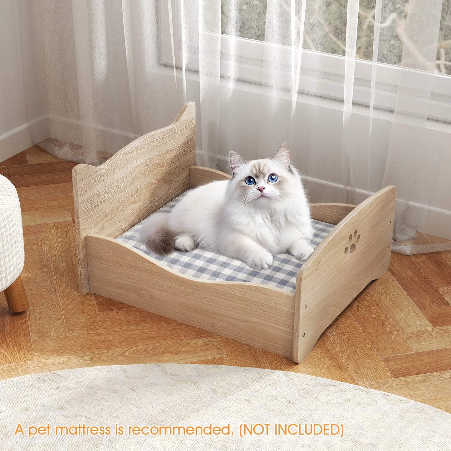 Elevated Pet Bed Frame Indoor Large Cat Bed w/ Rails, Cute Headboards, Storage Space, Rabbit Sleeping Habitat, Small Animals Bed