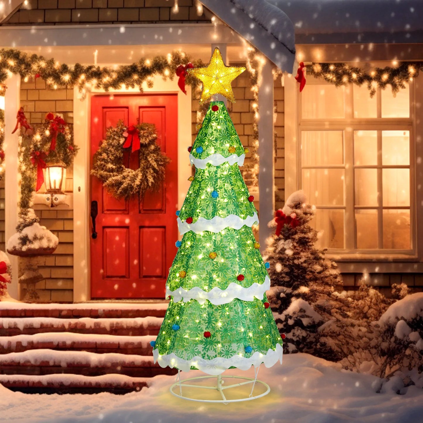 70*70*194CM Star Christmas Tree Telescopic Warm White Light Snowflake with Powder Cloth 30V3.6W Christmas Tree Light Decoration