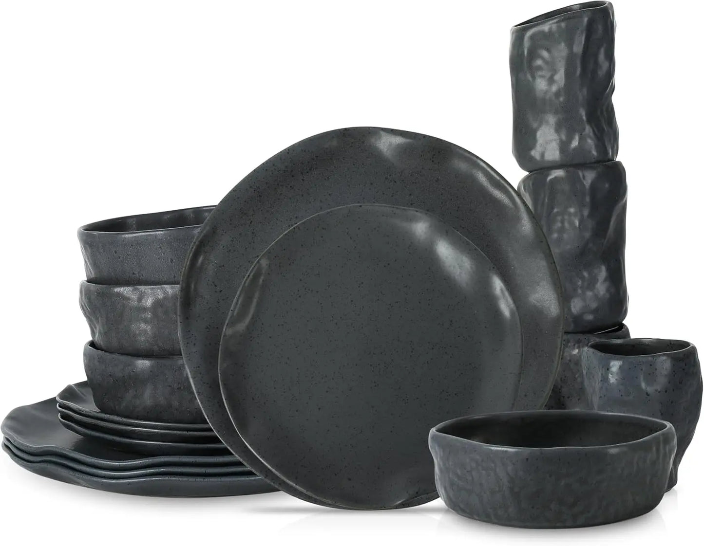Atik Modern Stoneware 16-Piece Dinnerware Set, Plate and Bowl Set, Dish set for 4, Charcoal Black Speckled