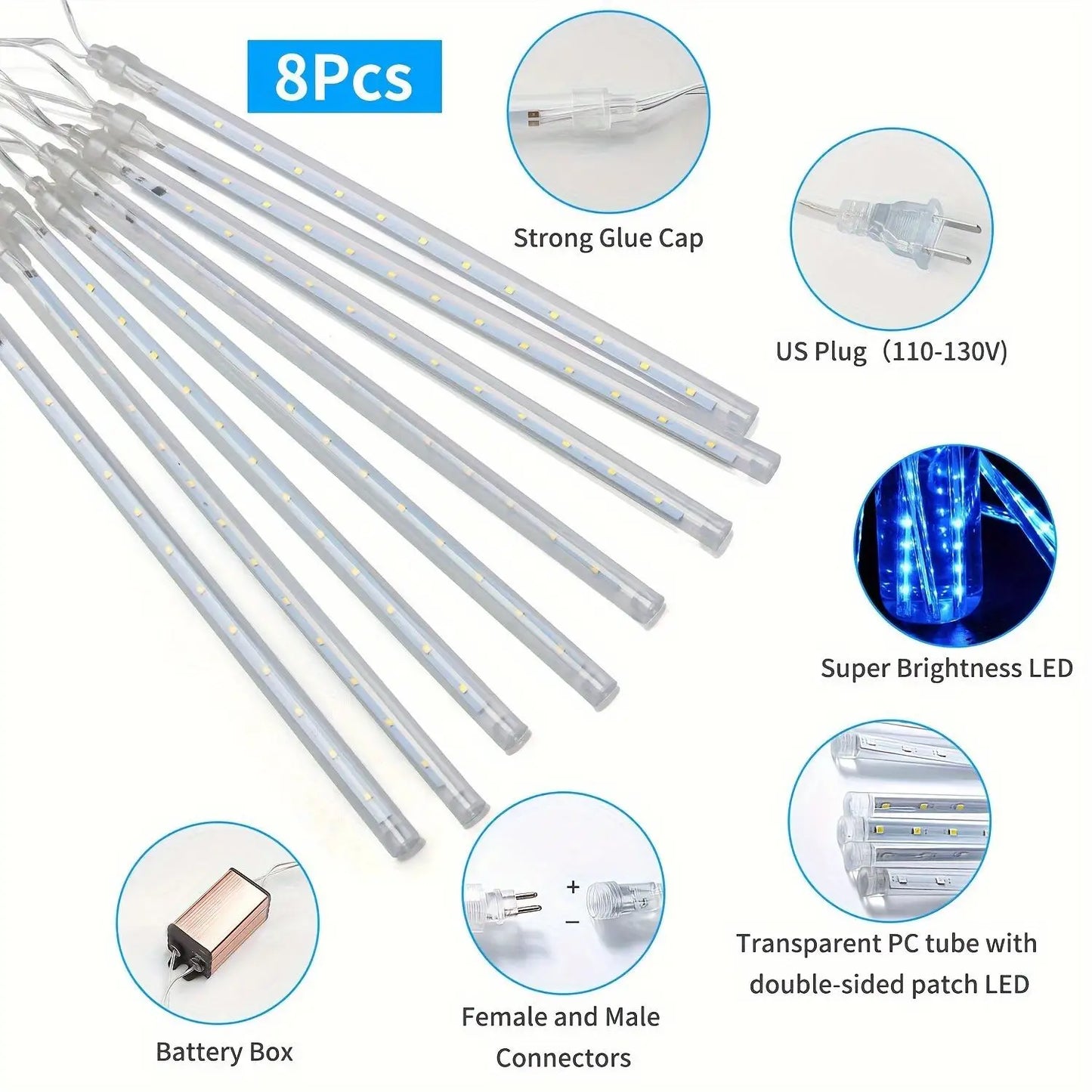 Falling Rain Light, 8 Tubes LED Falling Rain Light Outdoor Decorative Light for Christmas Tree and Festive Wedding Decorations