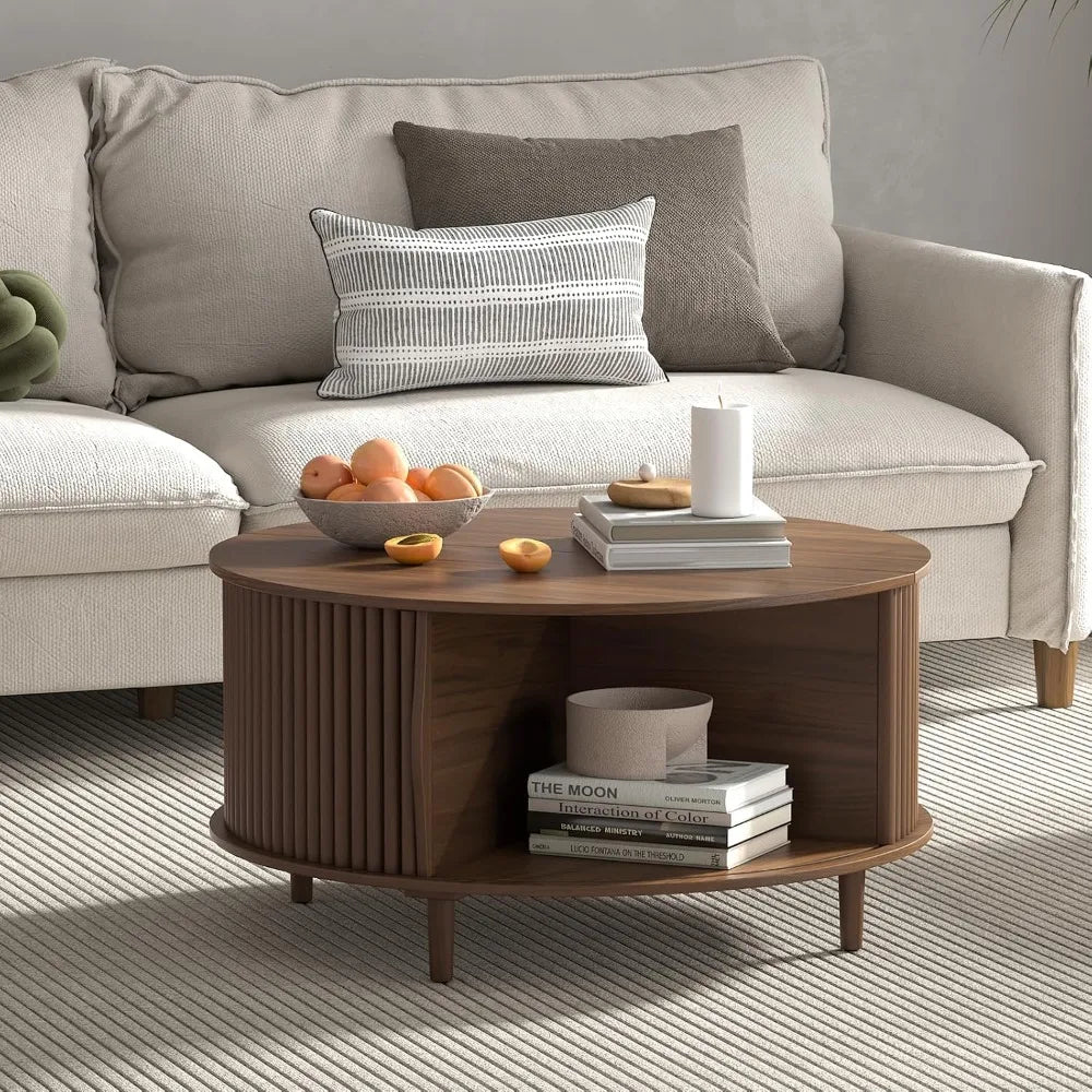 Coffee Table with Storage, Fluted Center Table with Sliding Cabinet Door, 31.5 Small Center for Home Small Space Living Room