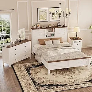 3-Pieces Bedroom Sets Queen Size Farmhouse Platform Bed with Double Sliding Door Storage Headboard, Storage Nightstand and Dress