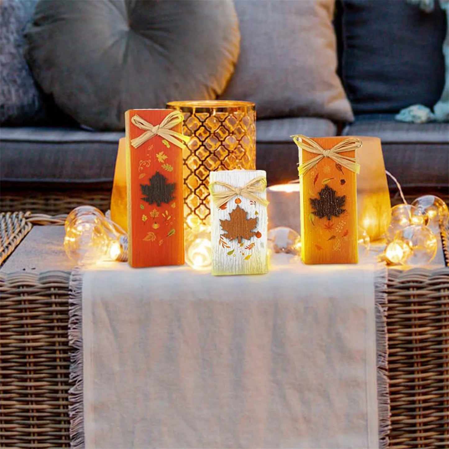 Rustic Autumn Tabletop Decor Set with Wooden Standing Blocks and Letter Print Signs for Tiered Trays 3 Pieces