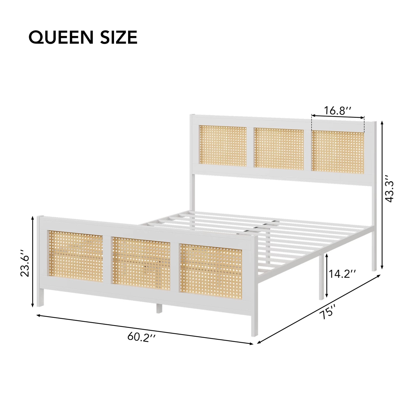 KING/QUEEN/FULL Size Rattan Bed Frame with Headboard, White Boho Cane Platform Bed Frame with Strong Metal Slat, Noise Free