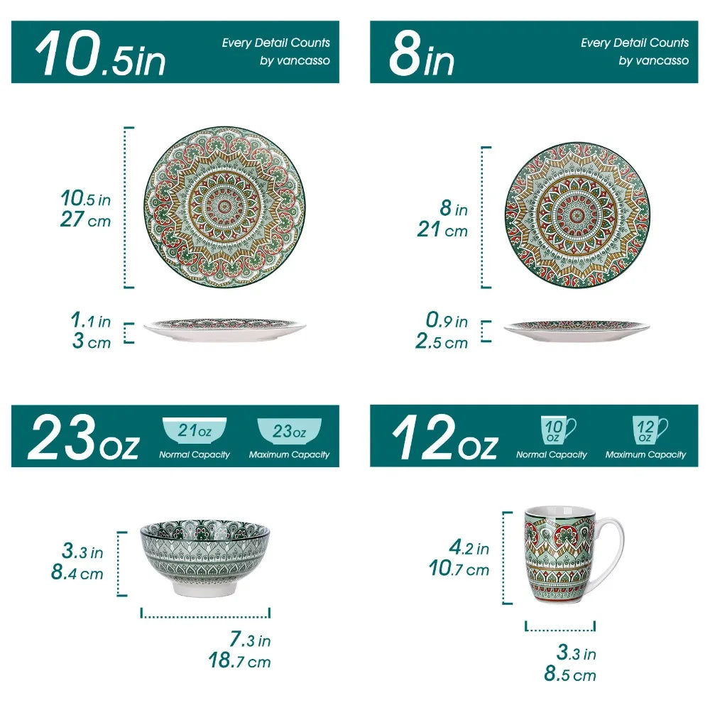 Vancasso Bohemian Mandala Patterned Ceremic Tableware 16PCS Porcelain Dinnerware Set with Dinner Plate Dessert Plate Bowl Mug