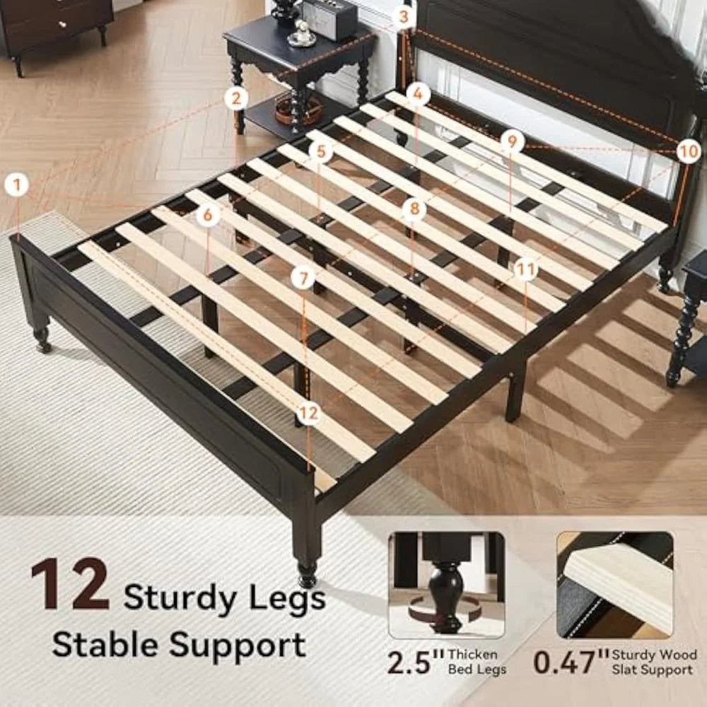 BedsPick Solid Wood Bed Frame Queen Size, Wooden Retro Style Queen Bed Frame with Headboard and Footboard, Heavy Duty Bed Frame