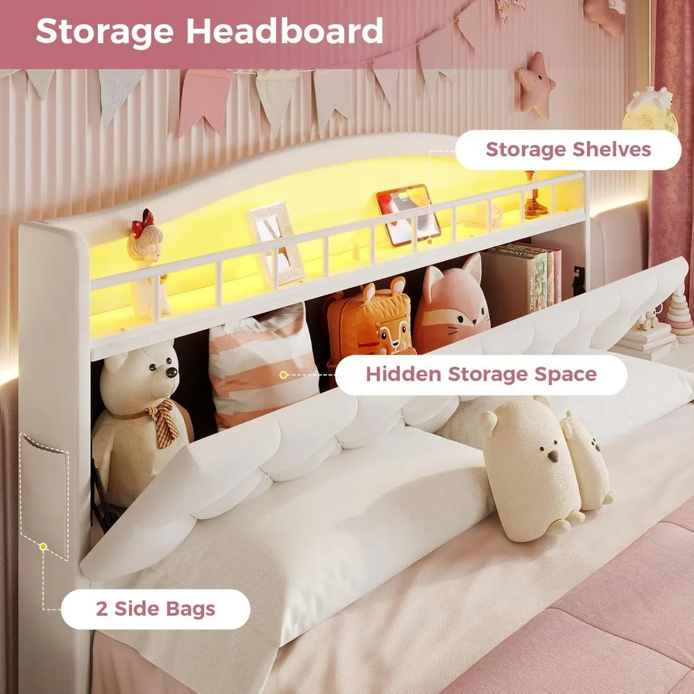 Full Size Upholstered Girl Bed with LED Lights & Charging Station, Princess Platform Bed with Hidden Storage Headboard, No Box S