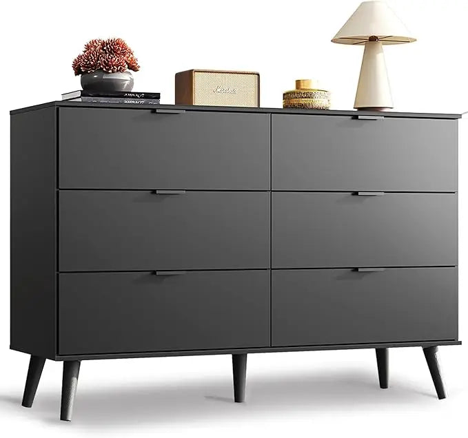Black Dresser for Bedroom, 47.24'' Wide 6 Drawer Wood Dresser Storage Organizer with Sturdy Metal Handle, TV Stand for 55 inch