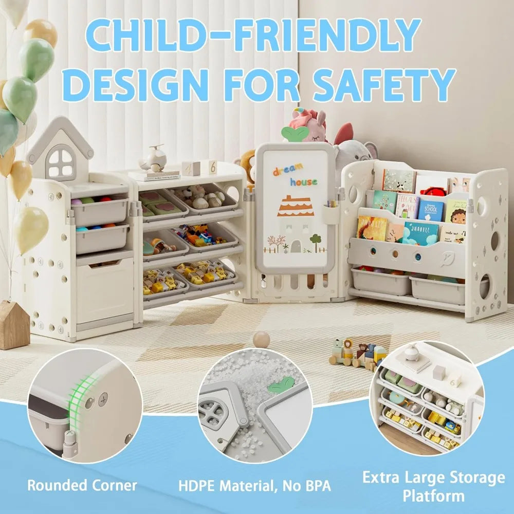 Foldable Kids Toy Storage Organizer with 10 Removable Bins and 3-Tier Bookshelf, 4 in 1 Multifunctional Large Toy Organizer with