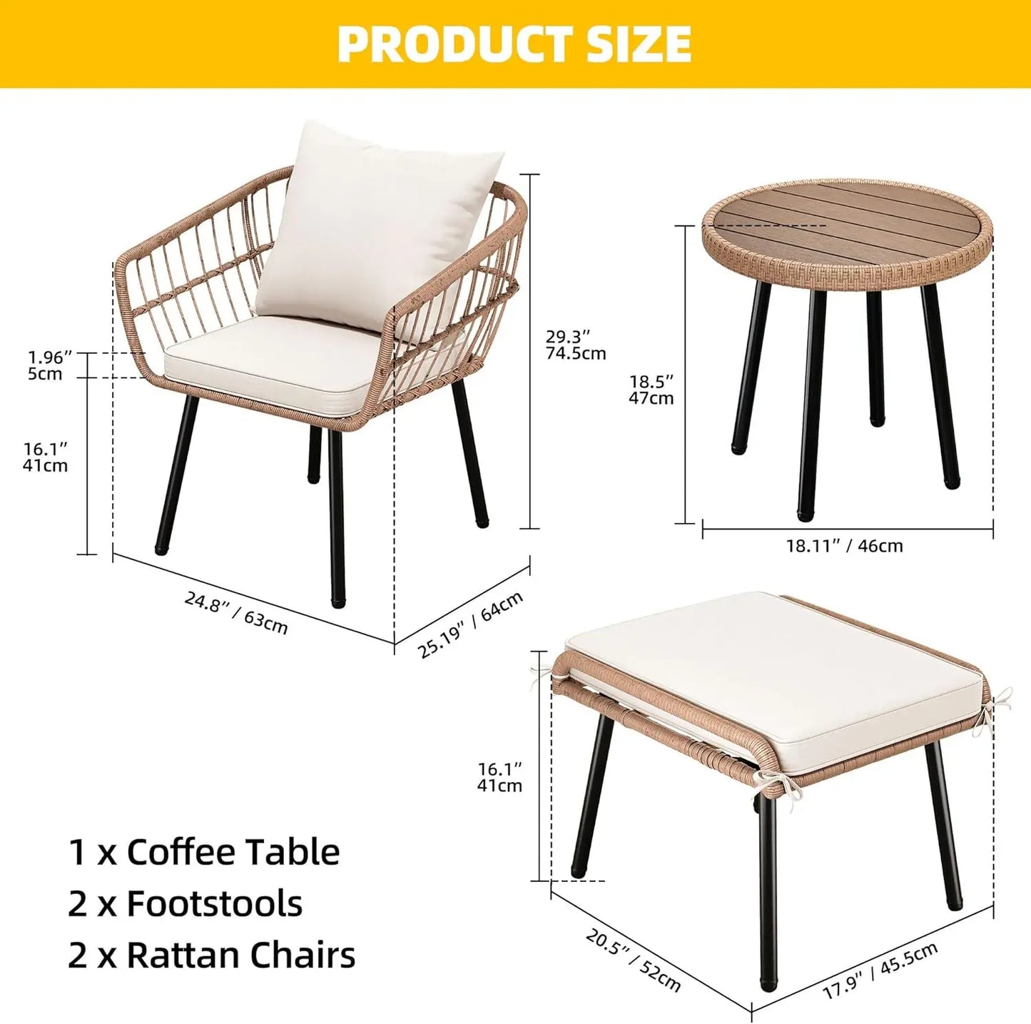 5 Piece Patio Bistro Set, Outdoor Wicker Conversation Set with Ottomans and Side Table, All-Weather Durable Rattan Furniture for