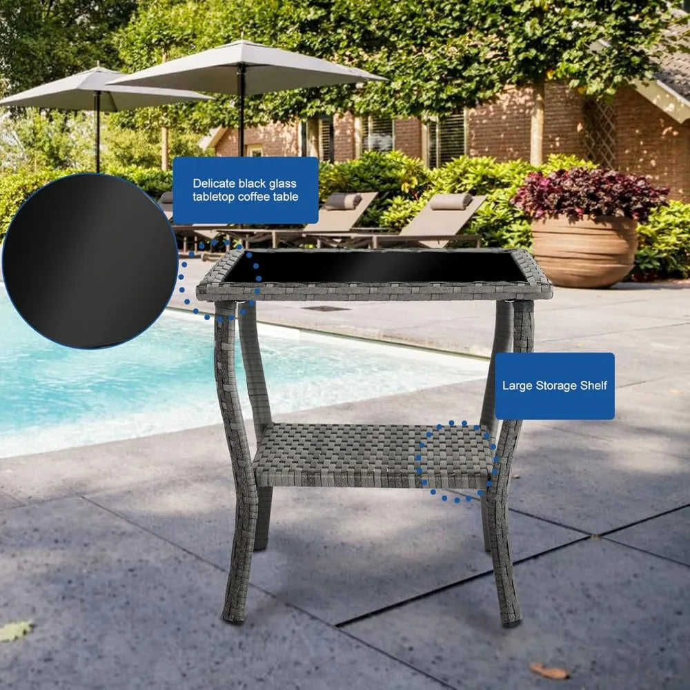3-Piece Outdoor Furniture Set, Patio Conversation Chair, Wicker Cushioned Patio Rocker with Side Table for Porch, Garde
