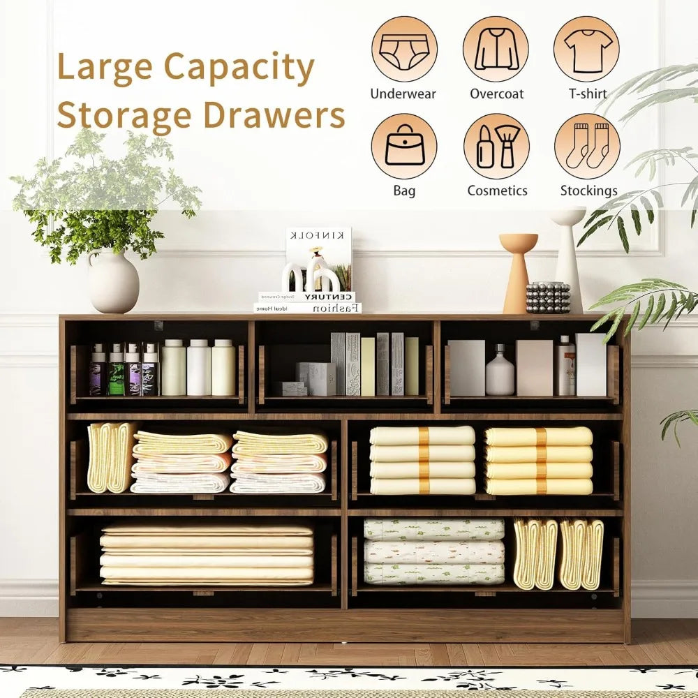 7 Drawer Dresser and Nightstand Sets for Bedroom, 3 Pcs Bedroom Set,Night Stand Set of 2 & 7 Drawer Dresser with Gold Handles, W