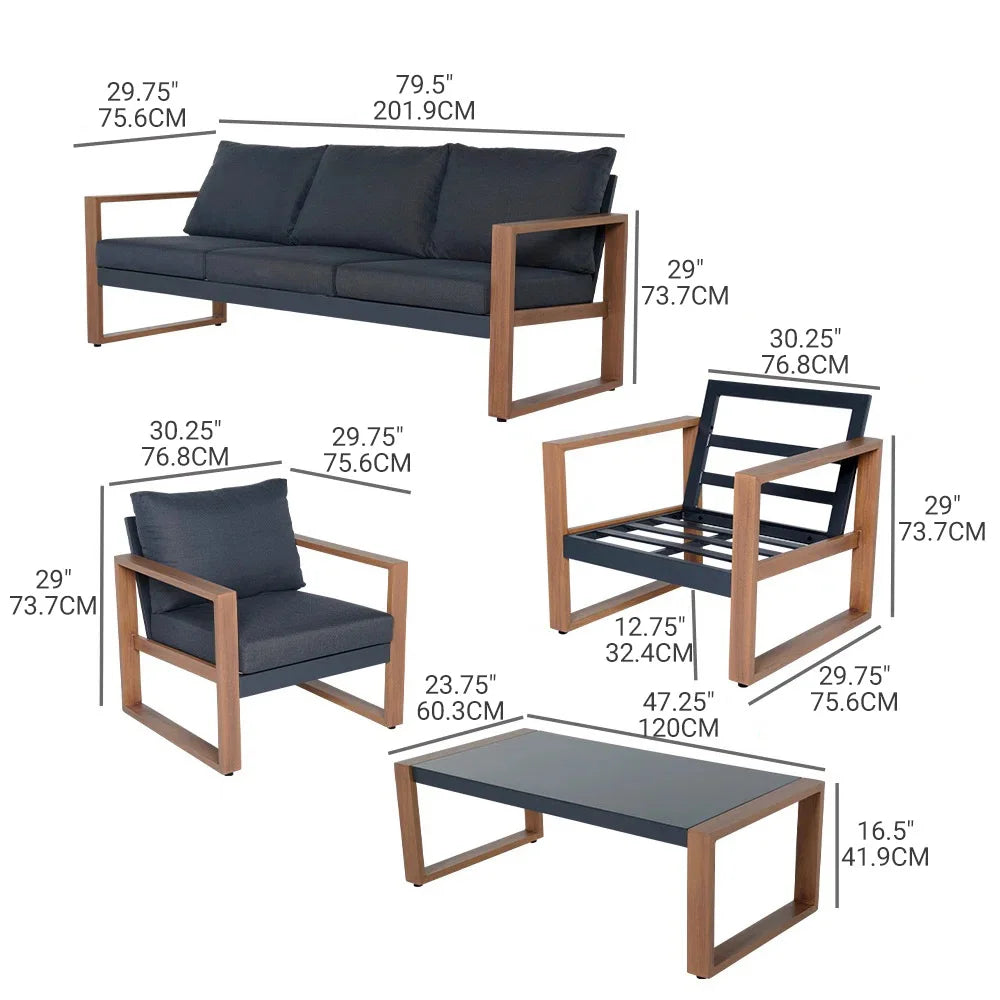 Outdoor 4-Piece Modern Aluminum Patio Furniture Sets,5 Person Conversation Set, Faux Wood Grain Finish Frame Sofa Set