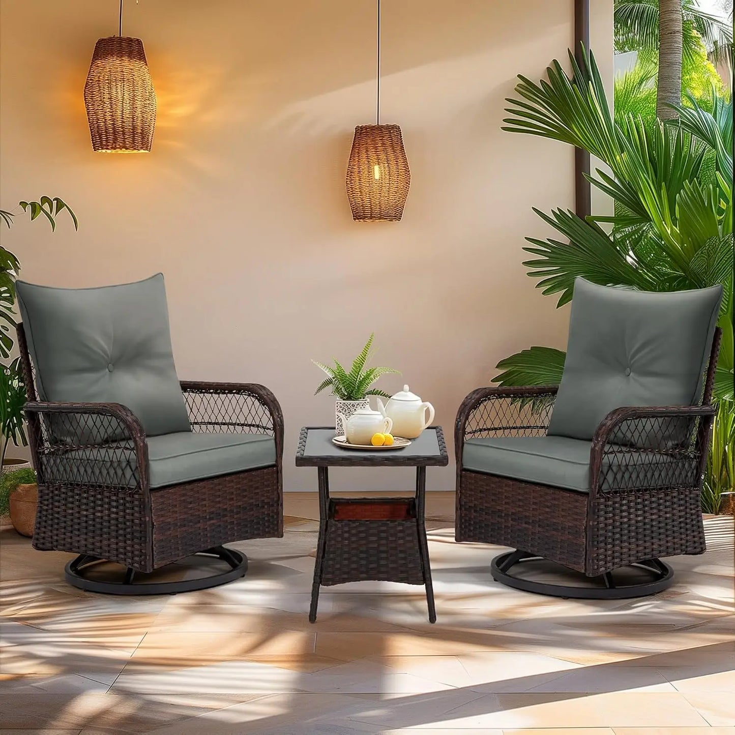 3 Pieces Patio Furniture Set, Outdoor Swivel Patio Rocker Chairs with Thick Cushions and 2-Tier Coffee Table